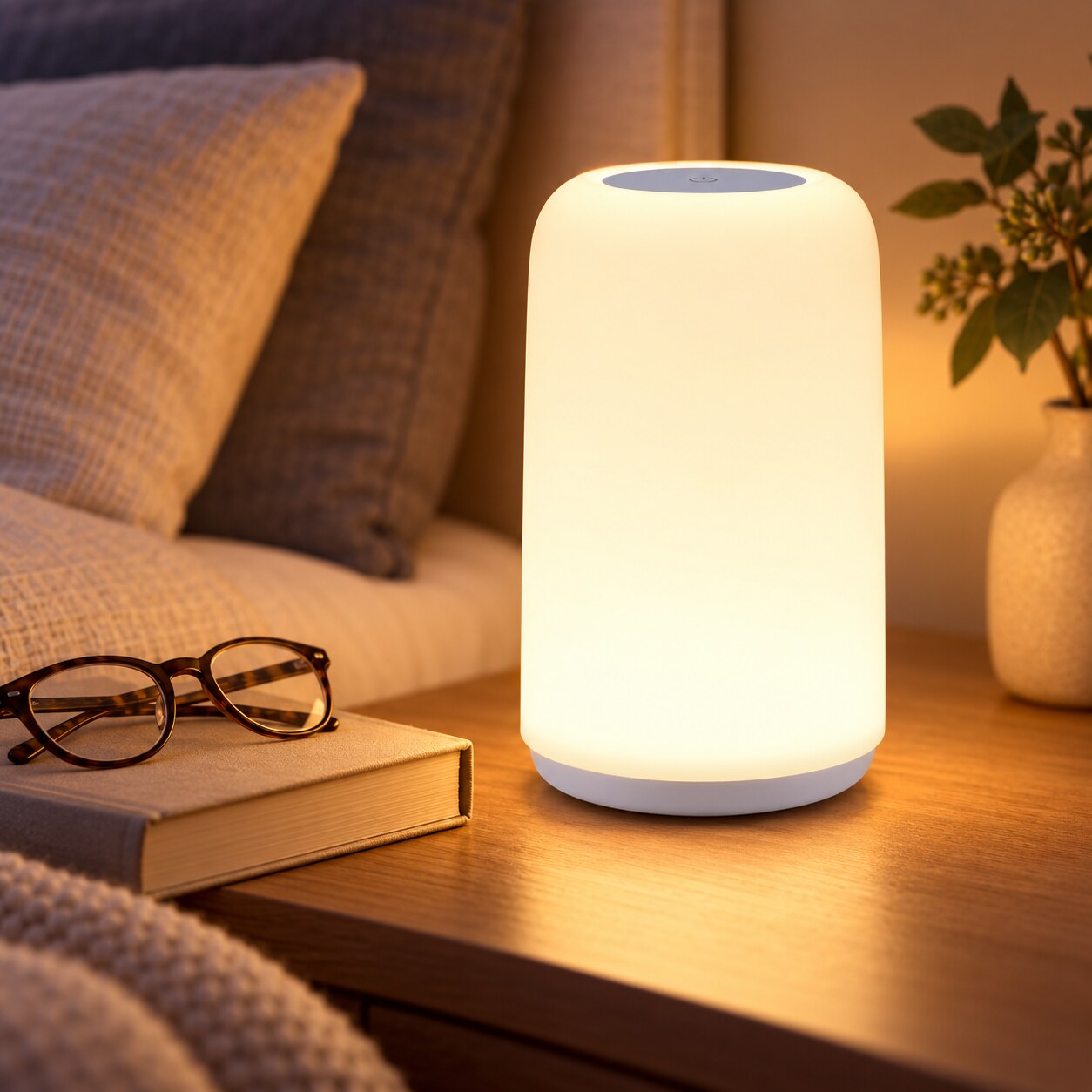 Warm glowing bedside lamp on a nightstand beside a book and glasses