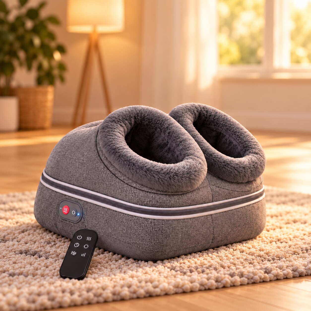 Heated foot warmer massager in use with socked feet and remote