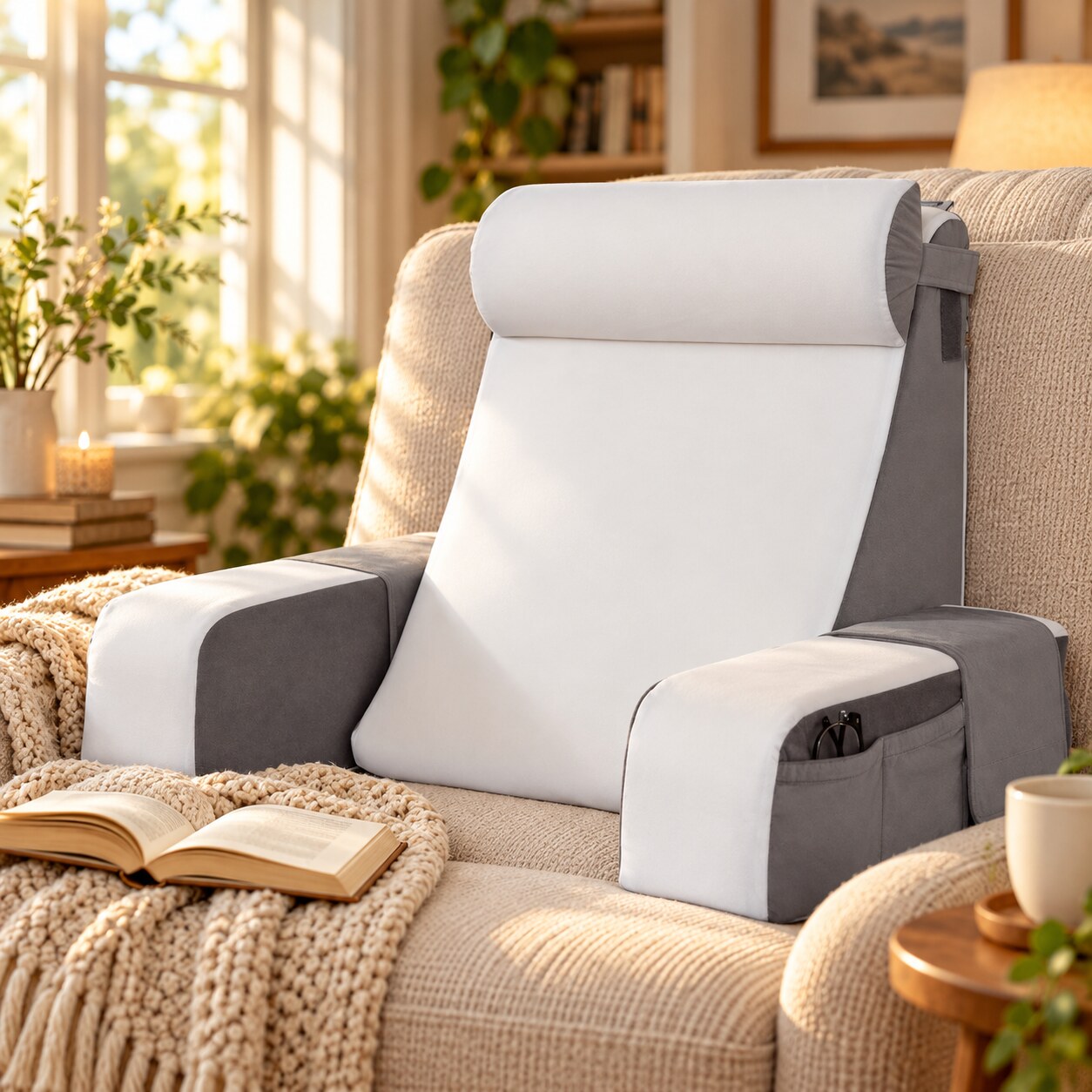 Supportive reading pillow on a comfortable chair beside an open book