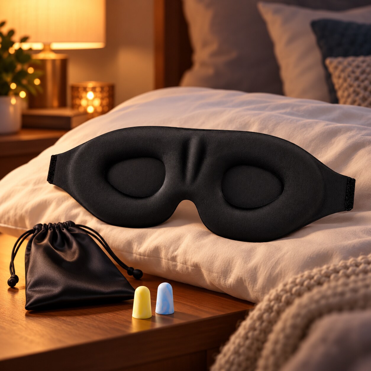 Black contoured sleep mask with storage pouch and earplugs on a bed