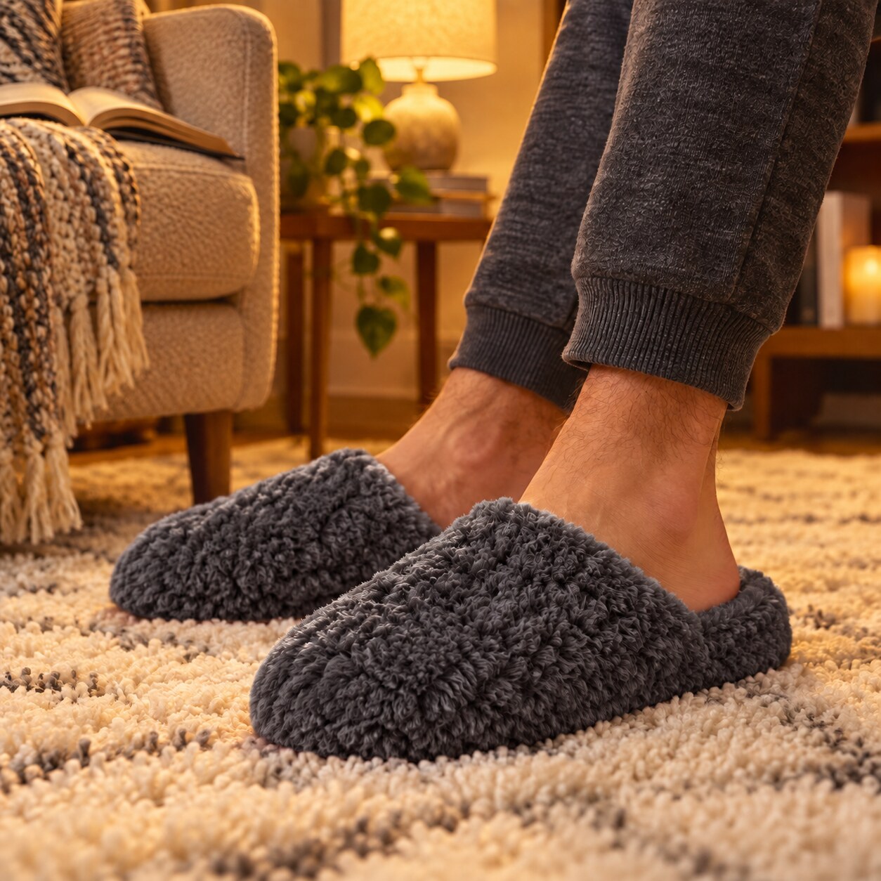 Dusty pink fluffy slippers worn on a soft rug in a cozy living room