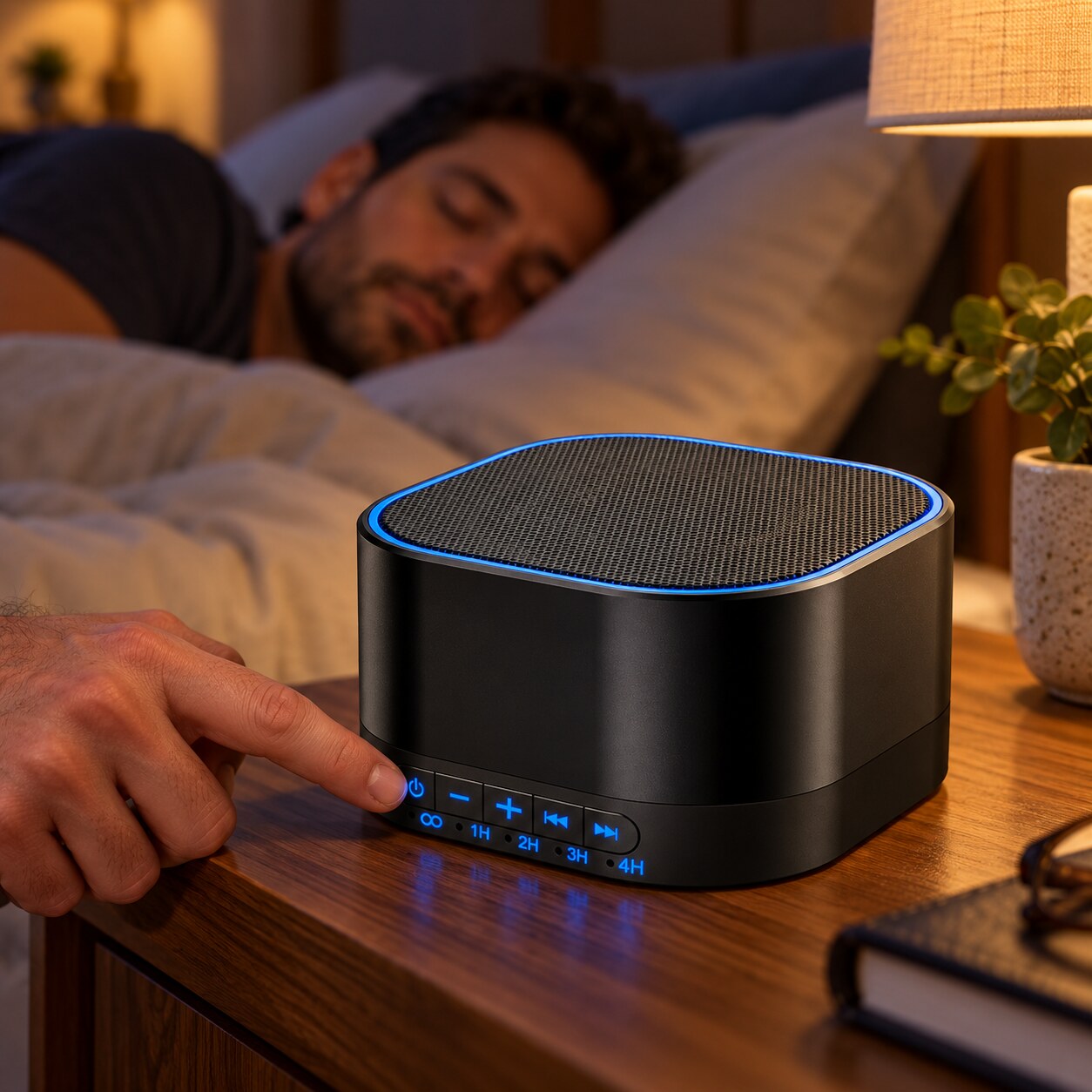 Compact black white-noise machine on a bedside table in a calm bedroom