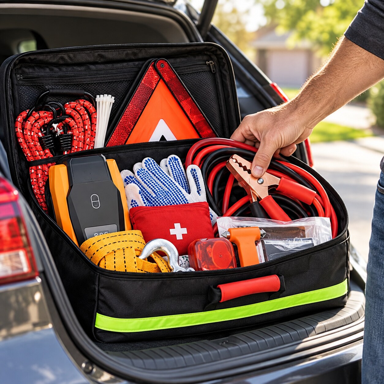 Roadside emergency kit organized in a car trunk, with a masculine hand arranging jumper cables