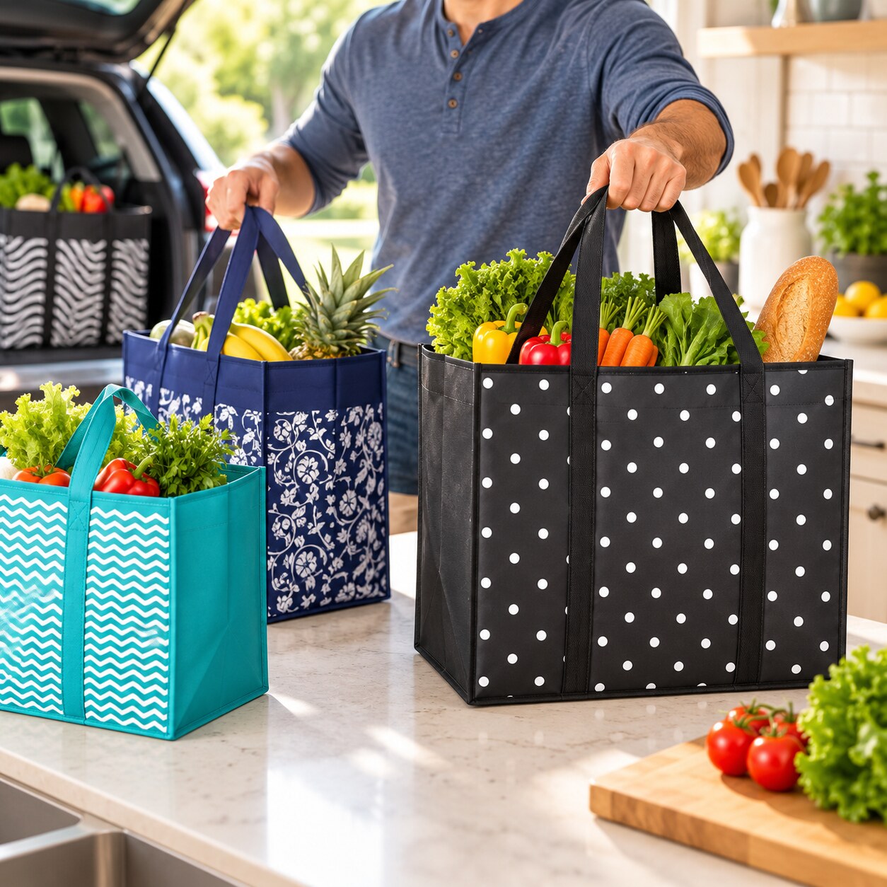 Reusable grocery bags filled with produce and carried by a masculine adult