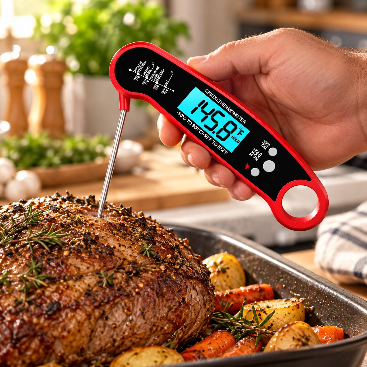 Red digital kitchen thermometer checking a roast, held by a masculine hand