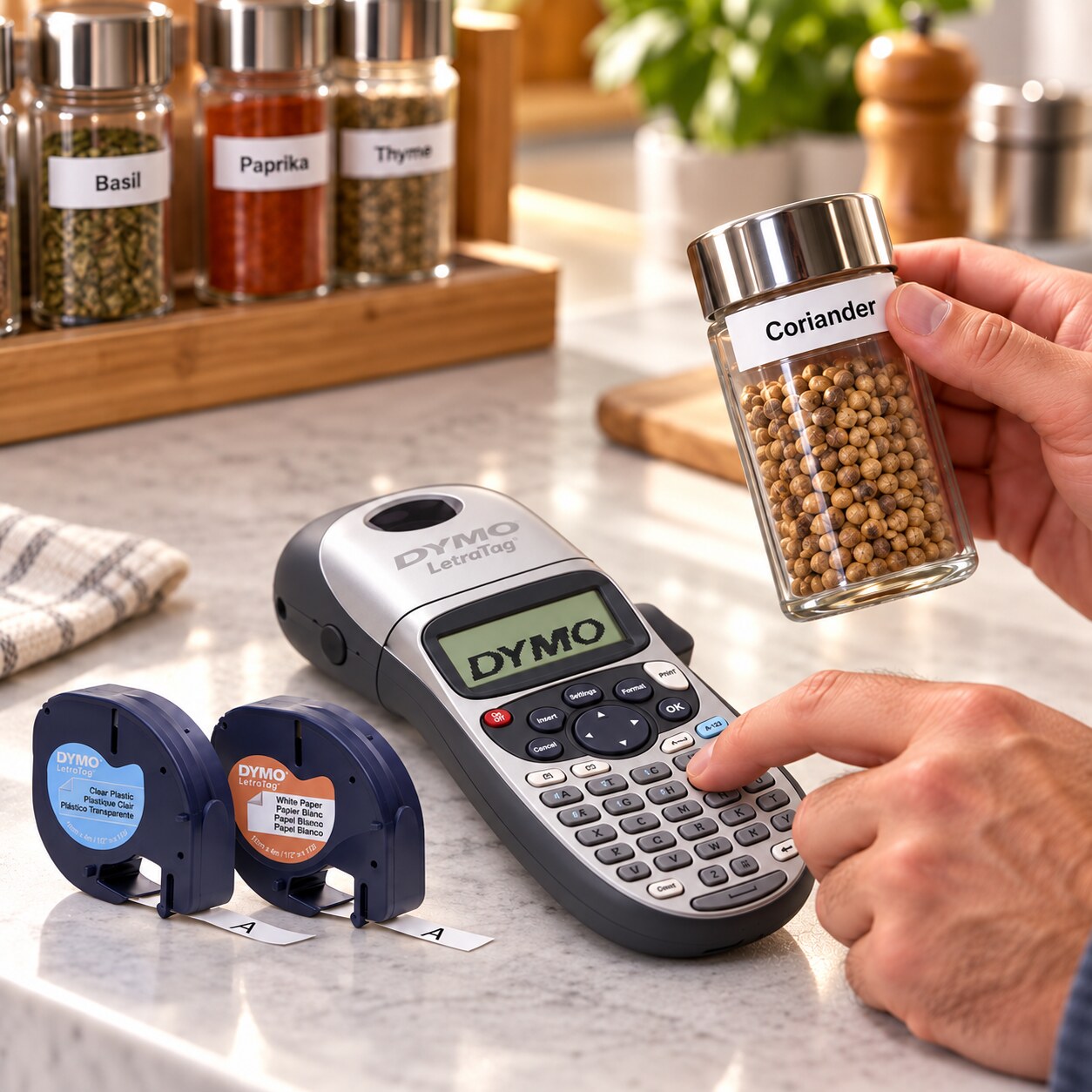 DYMO LetraTag label maker being used by a masculine hand to label a spice jar