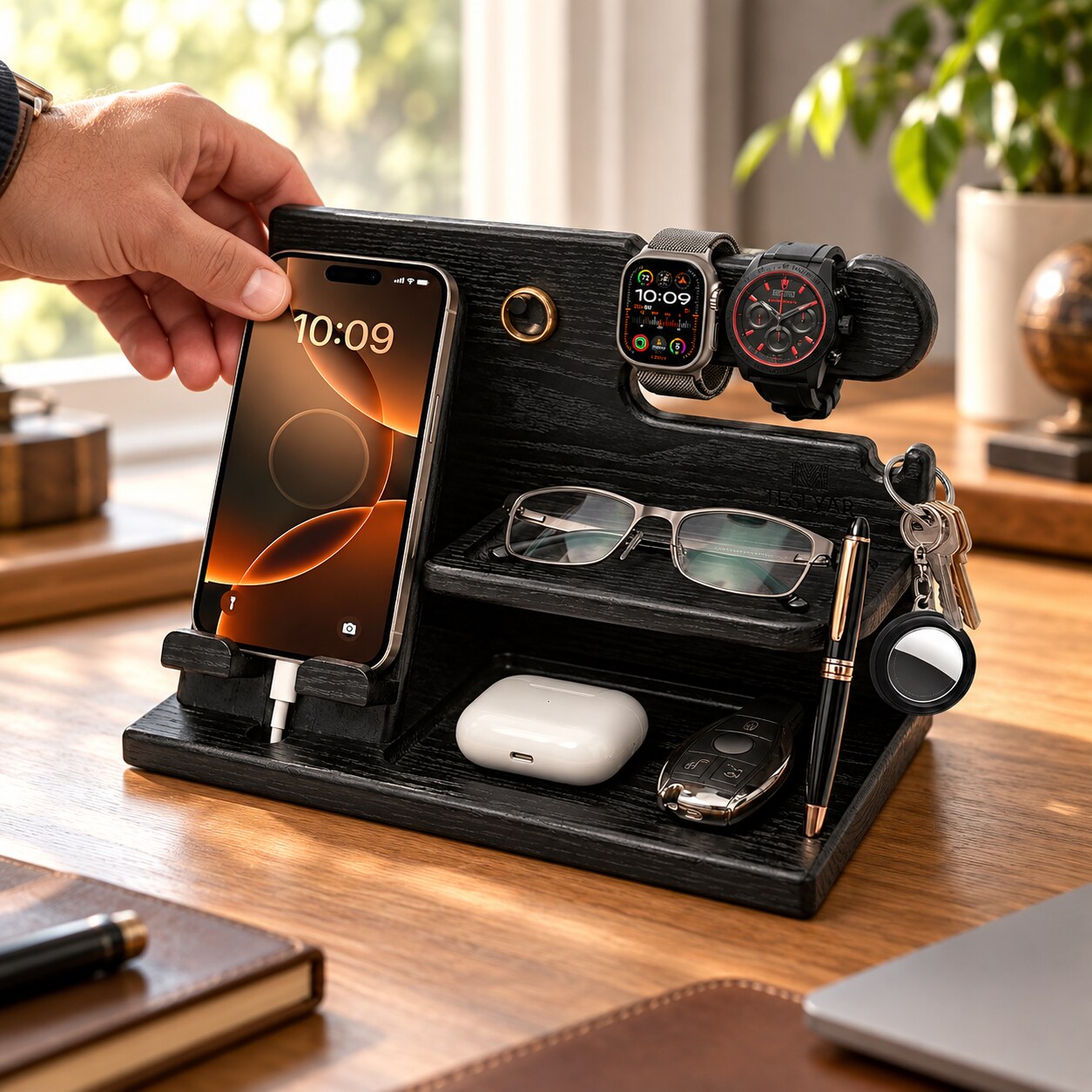 Black wooden desk organizer holding a phone, watches, glasses and keys