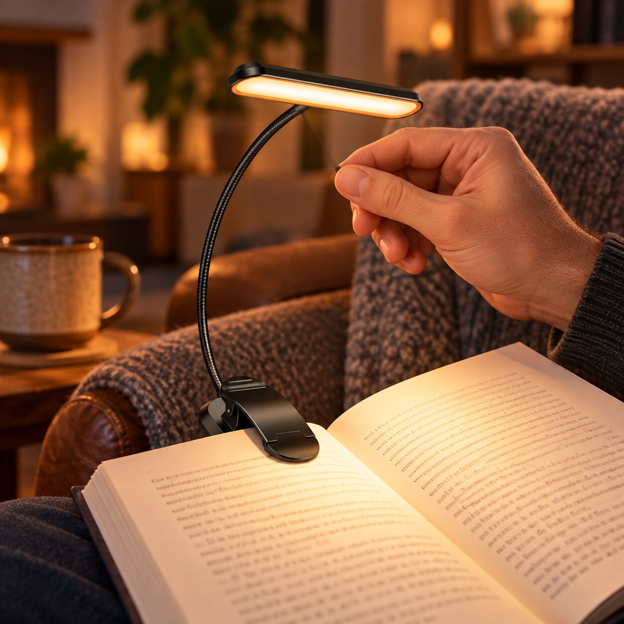 Rechargeable clip-on reading light illuminating an open book as a masculine hand adjusts it