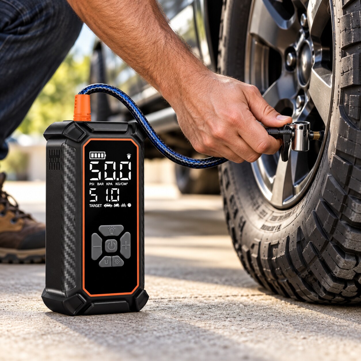Portable tire inflator connected to a car tire valve by a masculine hand