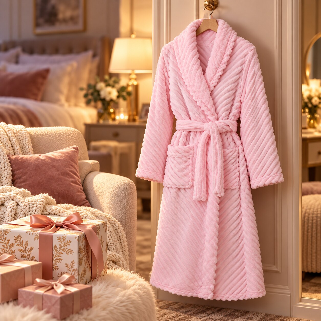 Pale pink plush robe hanging in a softly lit bedroom with wrapped gifts