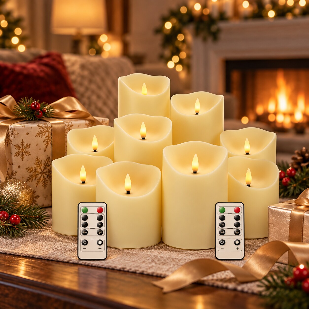 Ivory flameless candles and remotes glowing in a warm living room