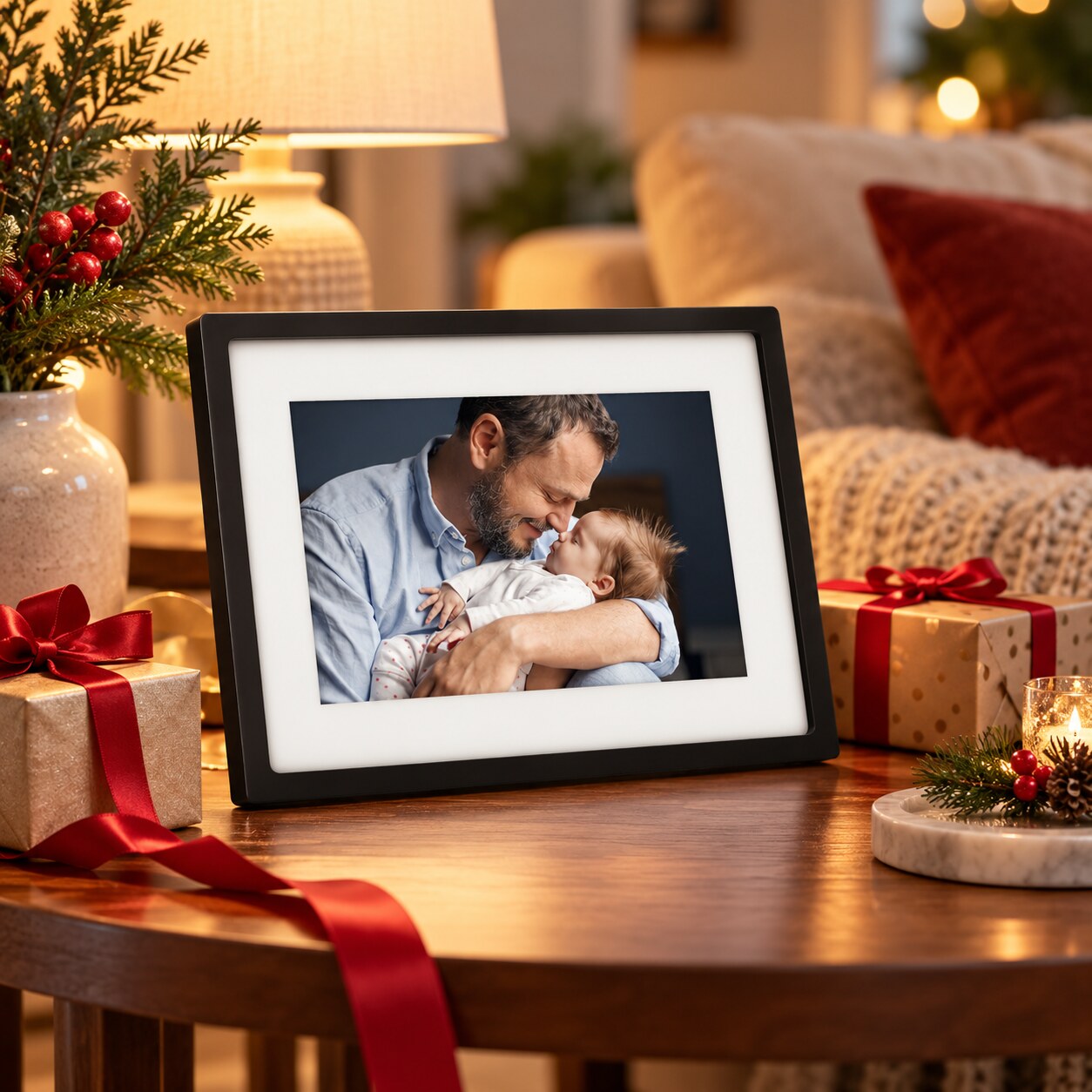 Digital photo frame displayed on a cozy table with wrapped gifts