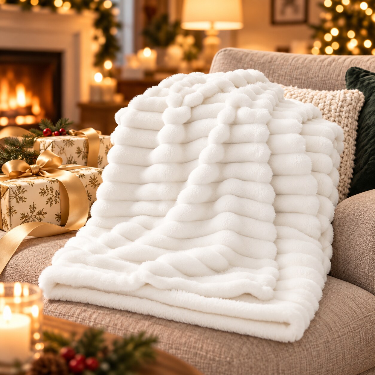 Soft white throw blanket on a cozy chair beside wrapped presents